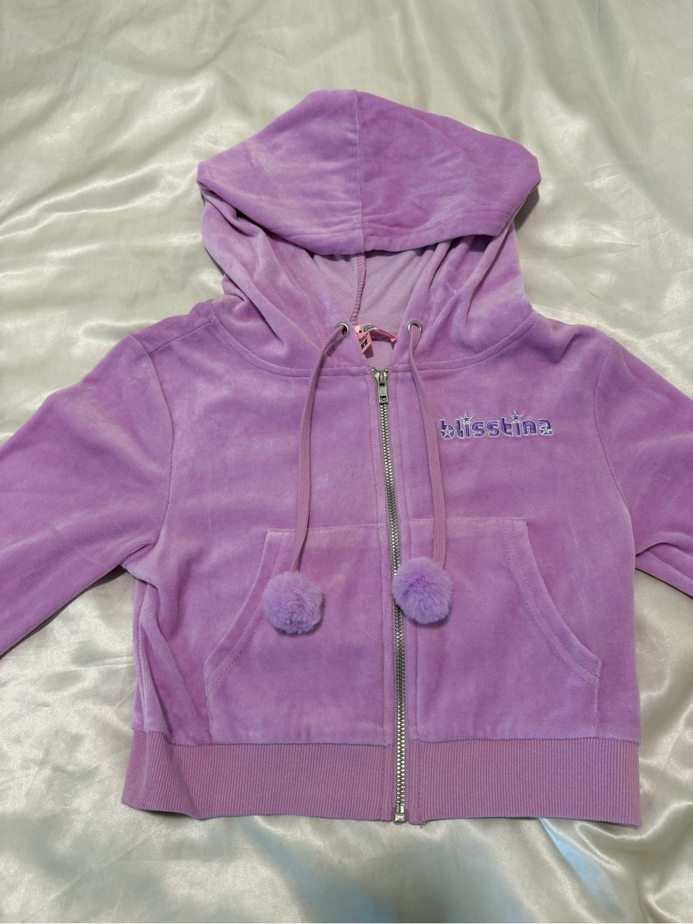 Dolls Kill Lavender Velour Zip Hoodie with Pom Pom Drawstrings